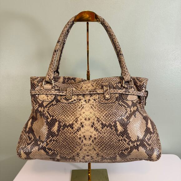Michael Kors Satchel Shoulder Handbag Brown Tan Python Buckle Double Top Handles - Picture 7 of 12